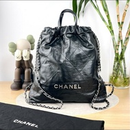 CHANEL 22bag黑銀牛皮手提垃圾袋後背包~🥨大號