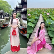 [LuNa Ao Dai] Set of buttoned ao dai, bow, brocade silk ao dai, straight ao dai, ao dai CNY 2026, Vi