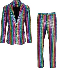 Men's Metallic Sequin Slim Suit Two-Piece Set Outfit 70s Disco Prom Costume