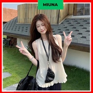 Shirt Sleeveless Women's Miuna cream white cotton, Korean loose shirt with ruffles A87