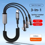 【3C】 66W Coiled 3 Port Type C Cable Telescopic Multiple Device Charging Solution for Electronics Gad