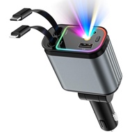 Car Charger with Starlight, 66W USB C Car Charger Adapter, 4 in 1 Retractable Car Charger