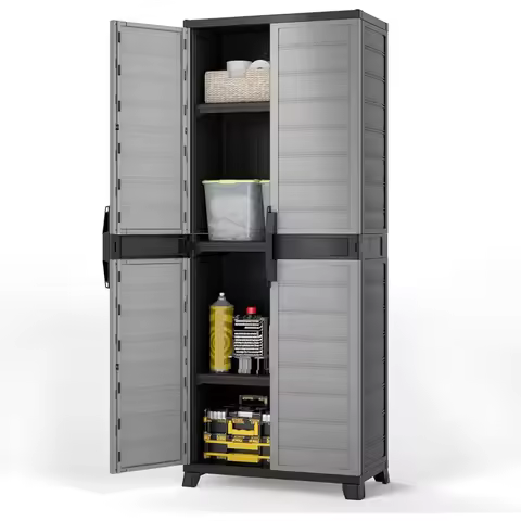68" Lockable Storage Cabinet, PP Garage Storage Shed with Doors, 3 Adjustable Shelves, Freestanding 