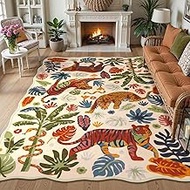 LEEVAN 5x7 Animal Area Rugs Washable Beige Tiger Living Room Rugs Non Slip Scalloped Tiger Bedroom R
