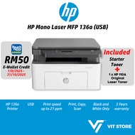HP Printer Mono Laser MFP 136a 4ZB85A Print Scan Copy Black Wired USB / Wireless Wifi 136w 4ZB86A Pe