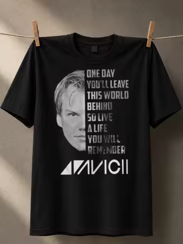 Avicii half face portrait with One Day quote and logo grayscale memorial typography with moody Unise