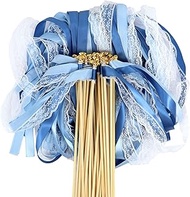 Pack of 30 Wedding Walls with 2 Bells and Wedding Ribbons Blue Wedding Wands Wedding Wands with Wood