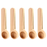 5 Pcs Wooden Coffee Scoop and Bag Clip Measure Spoon 2-In-1 Bags Sealer Measuring Spoon for Beans,Es