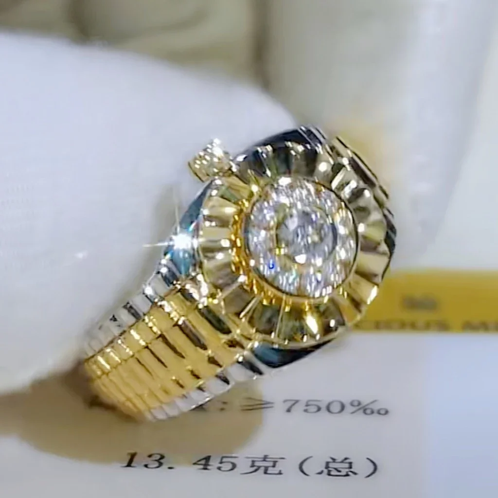 Rolex watch ring fashion jewelry adjustable gold Rolex ring punk style watch ring rhinestone studded ring