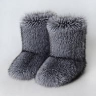 W Winter Raccoon Fur Faux Fox Fur Snow Boots Mid-Tube Boots Ladies Winter Fur Fur Boots