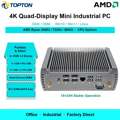 Ryzen Topton Silent Fanless Mini PC AMD Ryzen 3 7330U 5400U 4xHDMI2.0 4K Display COM 2xDDR4 M.2 NVMe