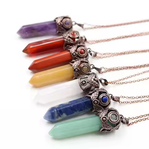 Natural Chakra Stone Pendant Hexagonal Prism Rose Quartz Amethyst Crystal Agate Healing Pendulum Sto