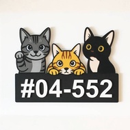 3 Cats - House Unit Number, Home Unit Number, HDB Unit Number, Cat Wall Decor Art