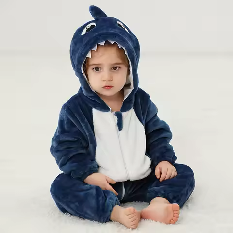 Cartoon Animal Shark Baby Rompers Winter Hooded Flannel Toddler Infant Clothes Overall Bodysuits Jum