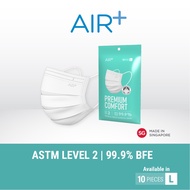 AIR⁺ White Surgical Mask with Premium Comfort | L Size | 10PC | Made in Singapore | BFE 99.9% | ASTM Level 2