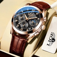 LIGE รุ่นใหม่นาฬิกาผู้ชาย​ วันที่กีฬาทหารหนังนาฬิกากันน้ำมัลติฟังก์ชั่นโครโนกราฟนาฬิกาควอตซ์นาฬิกาผู้ชายของขวัญ + กล่อง