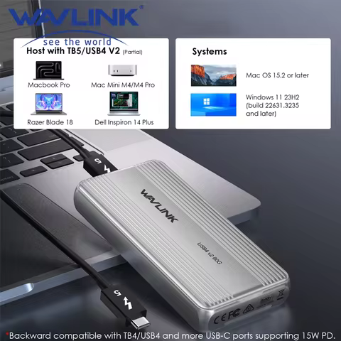 Wavlink 80Gbps USB4 V2 PCle Gen4 NVMe SSD Enclosure JHL9480 Powered 6000+MB/s Read & 5000+MB/s Write