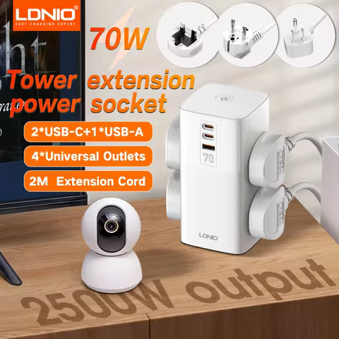 LDNIO Tower Power Strip Multi Outlets with 70W Type C 2M Extension Cable EU UK US Plug Vertical Elec