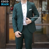 COCO-MAN ชุดสูทผู้ชาย สีเขียวเข้ม เสื้อสูท กระดุม 2 เม็ด มีกางเกงเข้าชุด สูทไปงานแต่ง สูทไปงาน