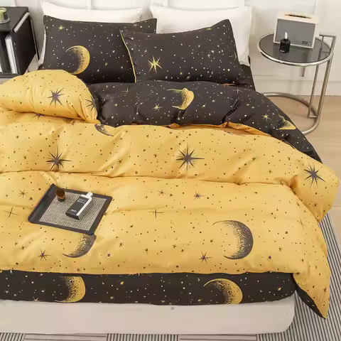 3pcs Celestial Moon and Star Duvet Cover Set,Reversible Yellow Cosmic All Season, Soft And Breathabl
