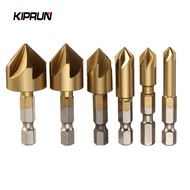 KIPRUN 6 Pcs  Drill Bit Set 1/4'' Hex Shank HSS 5 Flute Countersink 90 Degree Wood Chamfering Cutter