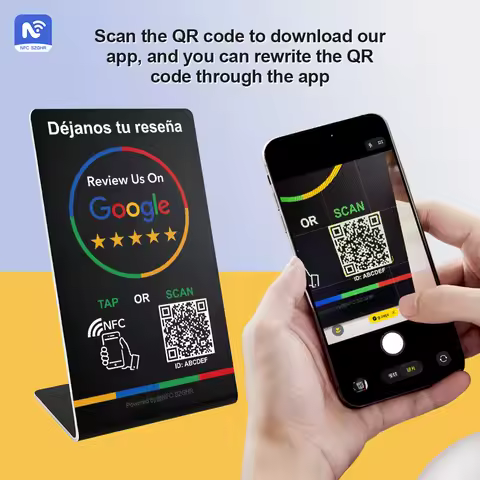 Spanish English QR code NFC Standing Sign Google review NFC215 Review Stand Click URL Unlimited Modi