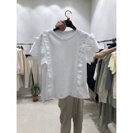 2024 Korea Dongdaemun Summer New Style Korean Version Sweet Solid Color Hollow Lace Stitching Short-Sleeved T-Shirt Women's Top TCW5