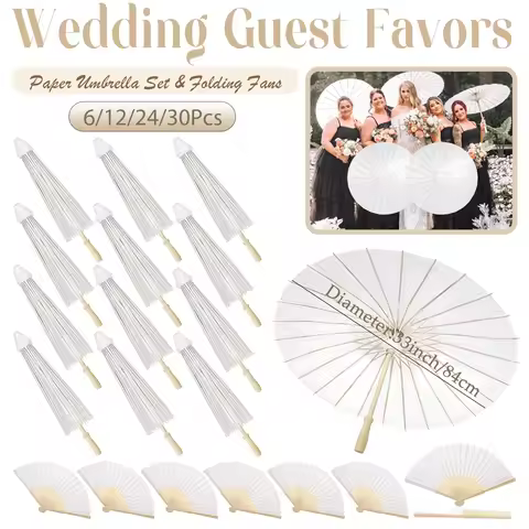 6-30Pcs 33inch Wedding Paper Umbrella Paper Parasol for Guests Wedding Photography Props with Fans W