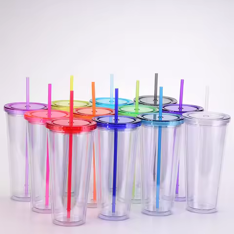 reusable double wall 1000ml 32oz 34oz plastic cup cold cup plastic straw tumbler with straw and lid