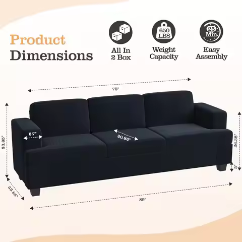 Modern Loveseat Sofa with 89" Sleeper Sofa Couch, Corduroy Couch 2 Piece Sofa Set for Living Room, M