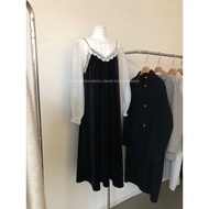 Now Little Black Dress Gold Velvet Tail Teeth Thin Shoulder Strap V-Neck Long Crochet Lace Stitching