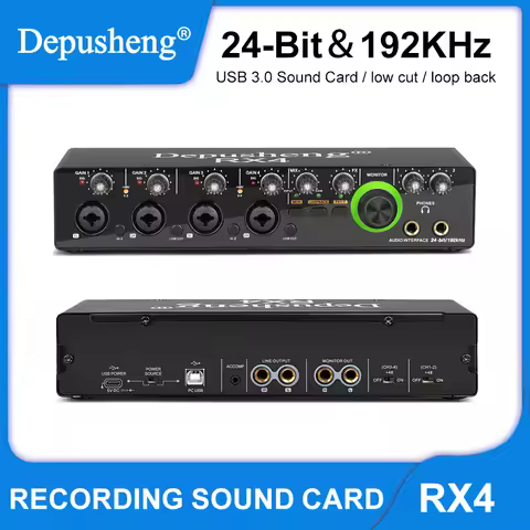 Audio Interface Professional Sound Card 4 in 2 out Depusheng RX4 Sound Card AD Converter with Monito