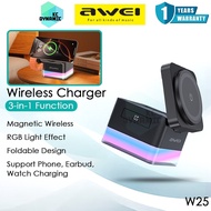 Awei W25 3-in-1 Desktop Charger Magentic Wireless Charger RGB Light Smartwatch Earbuds Charging Char
