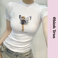 Y2k Slim Fit Babytee T-shirt with Angel Print " I DON'T CARE" - Chinh Tran Store