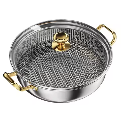 12 Inch Stainless Steel Nonstick Deep Frying Pan Hot Pot with Lid Soup Pot Wok Two Handle Hold PFOA 