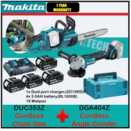 MAKITA COMBO KIT DGA404Z CORDLESS ANGLE GRINDER C/W DUC353Z CORDLESS CHAIN SAW + 4x 3.0Ah BATTERY, 1