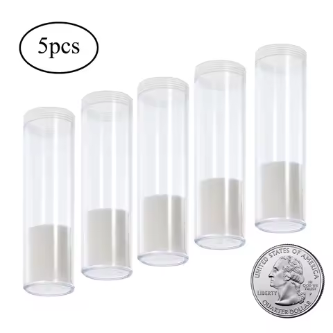 5Pcs Transparent Coin Tube 25mm Coin Storage Holder Plastic Round Coin Storage Box Case with Airtigh