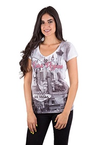 Made in USA - Womens Las Vegas Strip Collage Gray V Neck Graphic Printed T Shirt