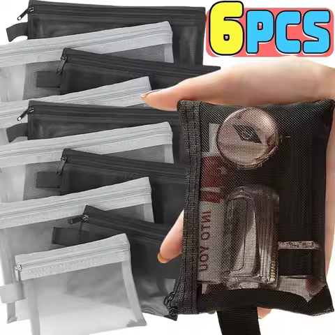 1/6PCS Clear Black Mesh Toiletry Bags S/M/L Pencil Case Zipper Makeup Case Organizer Storage Pouch W