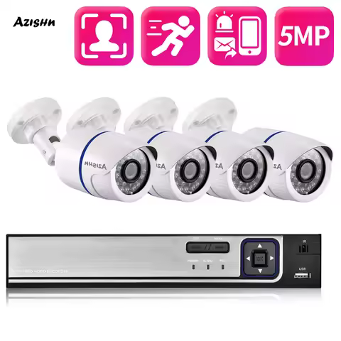 AZISHN Outdoor Night Vision 5MP 48V POE Camera System IP Camera 4CH NVR Kit