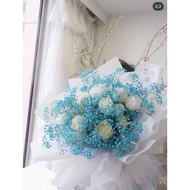 11 White Roses Blue Gypsophila Skirt Yarn Packaging Fuzhou Flower Shop Flowers Same City Express Bou