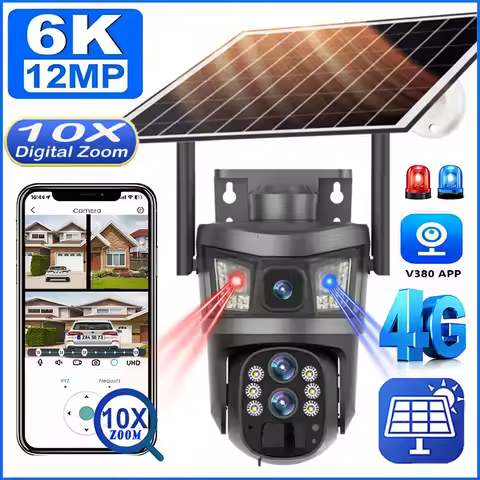 10X Zoom 4G Sim Solar Camera Outdoor 6K 12MP Three Lens Security Surveillance Camera 360 Human Auto 
