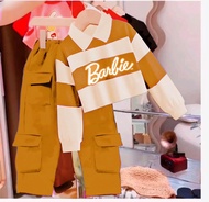 Setelan baju anak perempuan motif cargo berbie strip Baju cewek anak lengan panjang baju kaos anak p