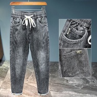 กางเกงยีนส์เอวยางยืดตรงผ้ายืดทรงหลวมฤดูร้อนกางเกงอเนกประสงค์สำหรับผู้ชายกางเกงลำลองกางเกงฮาเร็ม