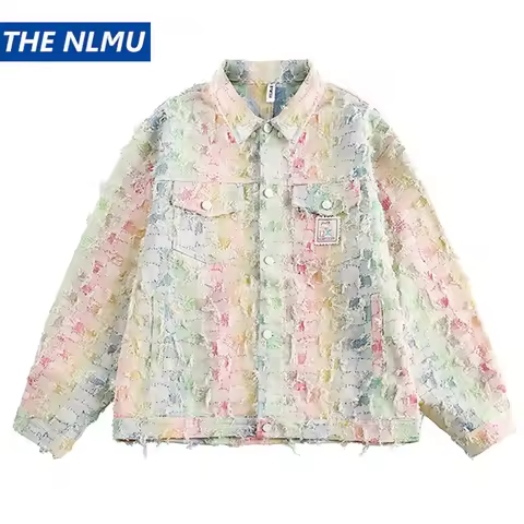Colorful Tie Dye Plaid Jackets Coat Vintage Patchwork Workwear Denim Jacket for Men and Women 2024 H