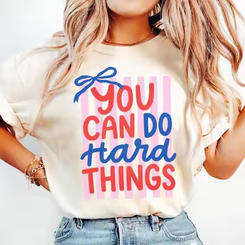 Women's Coquette Graphic Tee You Can Do Hard Things Print Bow Short Sleeve Vintage Casual T Shirt Fo