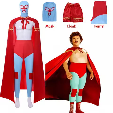 Nacho Cosplay Costume Kids Mexican Movie Nacho Libre Wrestling Mask Suit Red Cloak Jumpsuit Outfit A