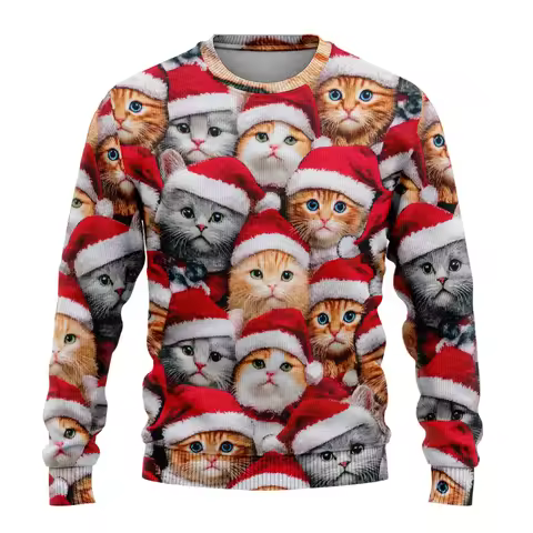 2025 Winter Men's Ugly Christmas Cat Printed Sweater Fashion Street Style Knitted Hoodie Holiday Par