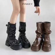 PINKEY P424 Mid Calf Boots Women Platform Lug Sole – Buckle Strap, Premium Leather Look Boots Brown