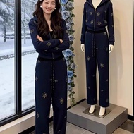 A74ꔛ ꕤ ̊Set Of Embroidery All Over Navy Blue Soft And Fluffy Cotton Fabric Hooded Smocked Waist Fron